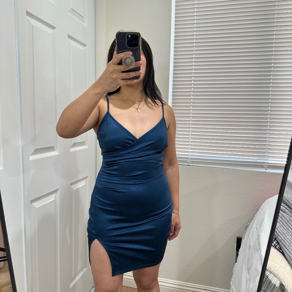 BLUE BLUSH RACHELLE SATIN RUCHED MINI DRESS